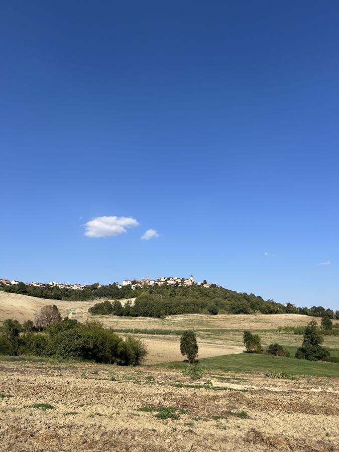 Dorf auf einem Hügel über Stoppelfeldern unter tiefblauem Himmel